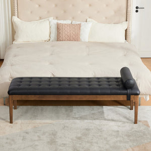 English Elm 66" Tufted Faux Leather Bench with Detachable Pillow Dark Walnut Legs Bedroom Entryway W3118P505148