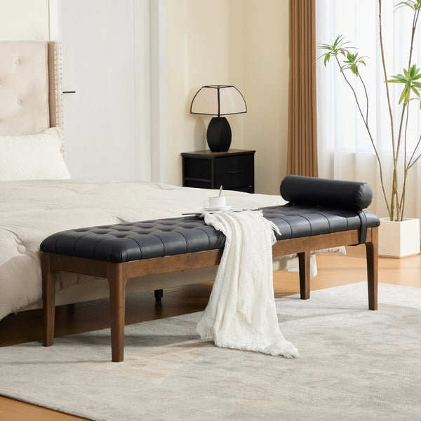 English Elm 66" Tufted Faux Leather Bench with Detachable Pillow Dark Walnut Legs Bedroom Entryway W3118P505148