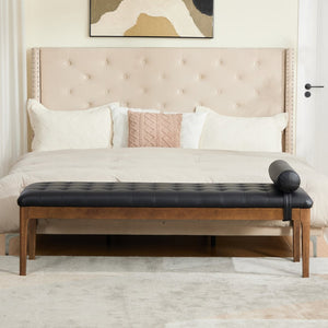 English Elm 66" Tufted Faux Leather Bench with Detachable Pillow Dark Walnut Legs Bedroom Entryway W3118P505148