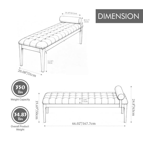 English Elm 66" Tufted Faux Leather Bench with Detachable Pillow Dark Walnut Legs Bedroom Entryway W3118P505148