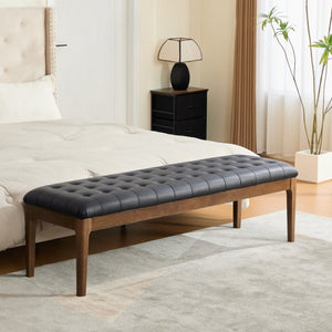 English Elm 66" Tufted Faux Leather Bench with Detachable Pillow Dark Walnut Legs Bedroom Entryway W3118P505148