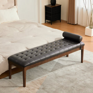 English Elm 66" Button Tufted Faux Leather Bench with Walnut Legs and Detachable Pillow for Bedroom Entry Coffee W3118P505149
