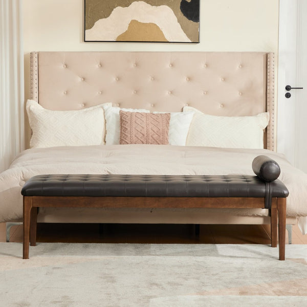 English Elm 66" Button Tufted Faux Leather Bench with Walnut Legs and Detachable Pillow for Bedroom Entry Coffee W3118P505149