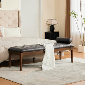 English Elm 66" Button Tufted Faux Leather Bench with Walnut Legs and Detachable Pillow for Bedroom Entry Coffee W3118P505149