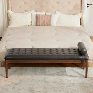 English Elm 66" Button Tufted Faux Leather Bench with Walnut Legs and Detachable Pillow for Bedroom Entry Coffee W3118P505149