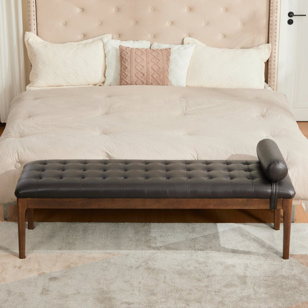 English Elm 66" Button Tufted Faux Leather Bench with Walnut Legs and Detachable Pillow for Bedroom Entry Coffee W3118P505149