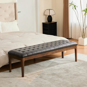 English Elm 66" Button Tufted Faux Leather Bench with Walnut Legs and Detachable Pillow for Bedroom Entry Coffee W3118P505149