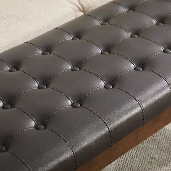 English Elm 66" Button Tufted Faux Leather Bench with Walnut Legs and Detachable Pillow for Bedroom Entry Coffee W3118P505149