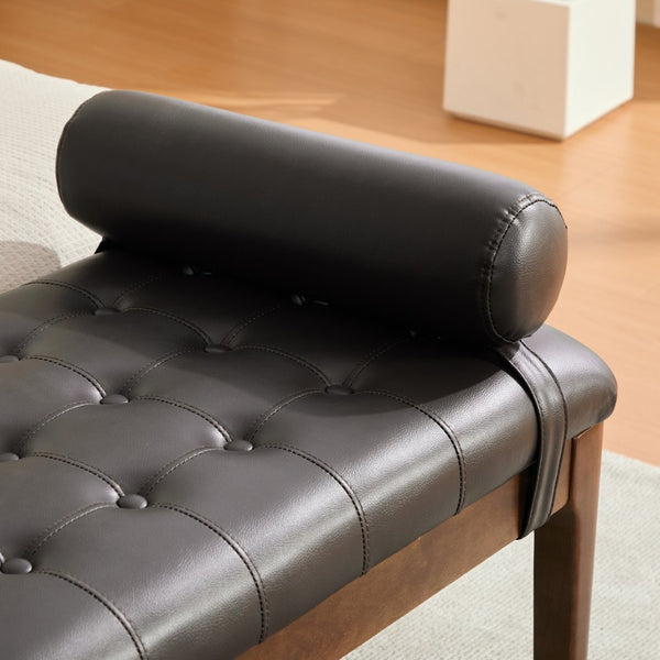English Elm 66" Button Tufted Faux Leather Bench with Walnut Legs and Detachable Pillow for Bedroom Entry Coffee W3118P505149