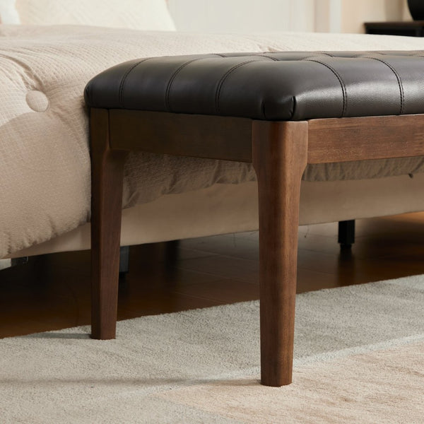 English Elm 66" Button Tufted Faux Leather Bench with Walnut Legs and Detachable Pillow for Bedroom Entry Coffee W3118P505149
