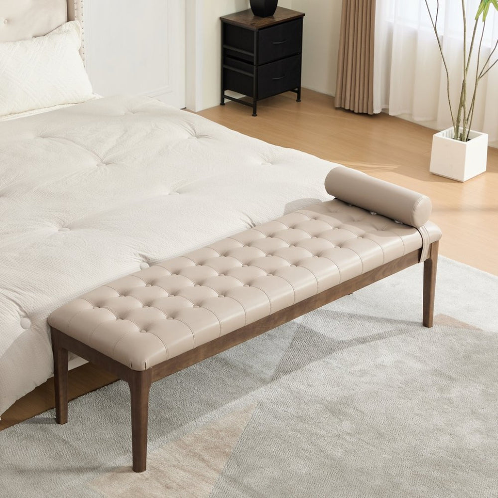 English Elm 66" Button Tufted Faux Leather Bench with Walnut Legs and Detachable Pillow for Bedroom Entry Taupe W3118P505150