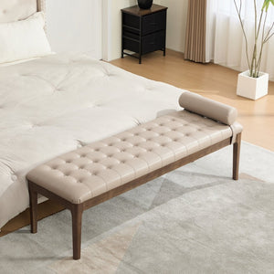 English Elm 66" Button Tufted Faux Leather Bench with Walnut Legs and Detachable Pillow for Bedroom Entry Taupe W3118P505150