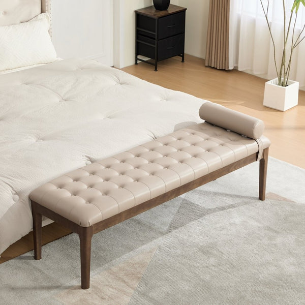 English Elm 66" Button Tufted Faux Leather Bench with Walnut Legs and Detachable Pillow for Bedroom Entry Taupe W3118P505150