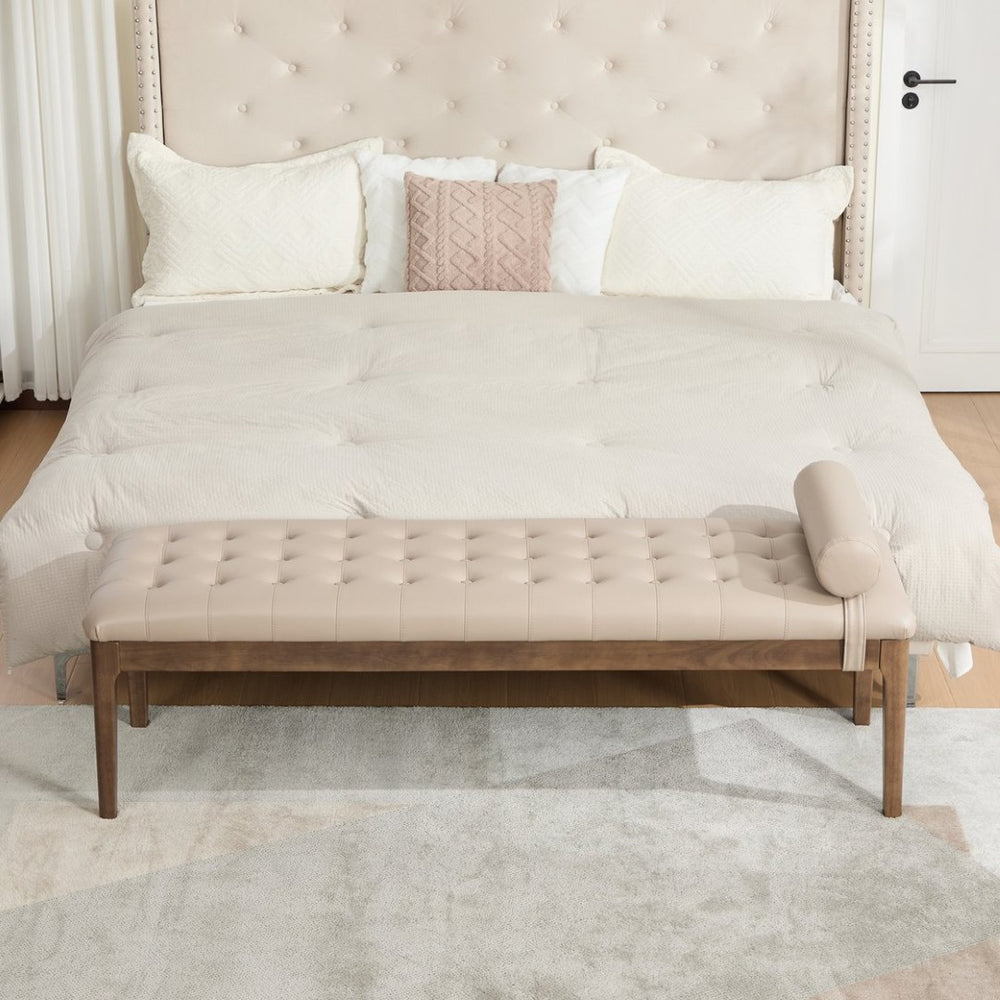 English Elm 66" Button Tufted Faux Leather Bench with Walnut Legs and Detachable Pillow for Bedroom Entry Taupe W3118P505150