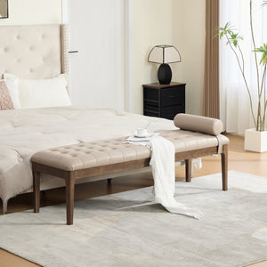 English Elm 66" Button Tufted Faux Leather Bench with Walnut Legs and Detachable Pillow for Bedroom Entry Taupe W3118P505150