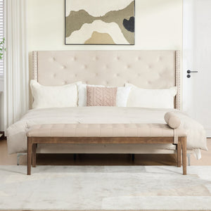 English Elm 66" Button Tufted Faux Leather Bench with Walnut Legs and Detachable Pillow for Bedroom Entry Taupe W3118P505150