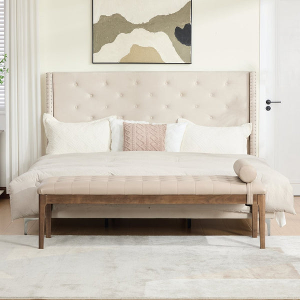 English Elm 66" Button Tufted Faux Leather Bench with Walnut Legs and Detachable Pillow for Bedroom Entry Taupe W3118P505150
