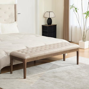 English Elm 66" Button Tufted Faux Leather Bench with Walnut Legs and Detachable Pillow for Bedroom Entry Taupe W3118P505150