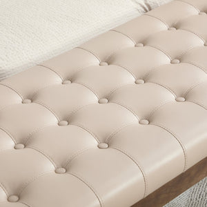 English Elm 66" Button Tufted Faux Leather Bench with Walnut Legs and Detachable Pillow for Bedroom Entry Taupe W3118P505150