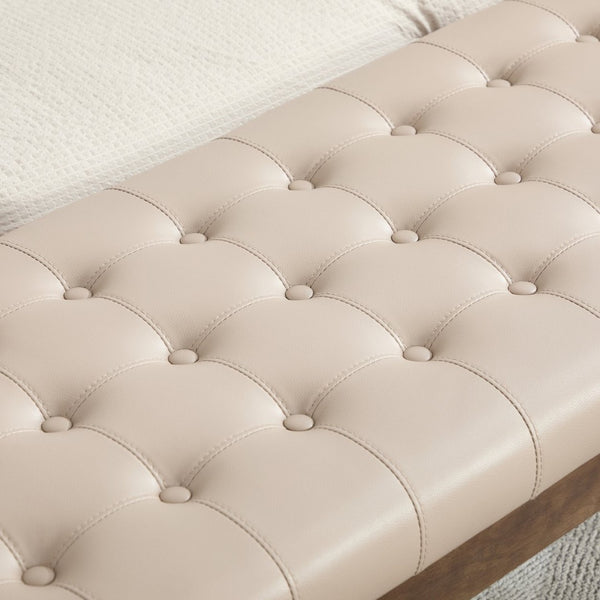 English Elm 66" Button Tufted Faux Leather Bench with Walnut Legs and Detachable Pillow for Bedroom Entry Taupe W3118P505150