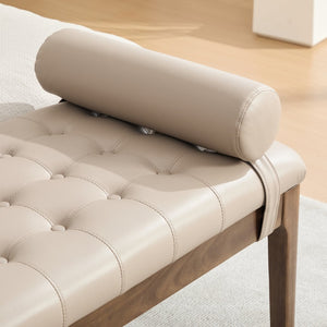 English Elm 66" Button Tufted Faux Leather Bench with Walnut Legs and Detachable Pillow for Bedroom Entry Taupe W3118P505150
