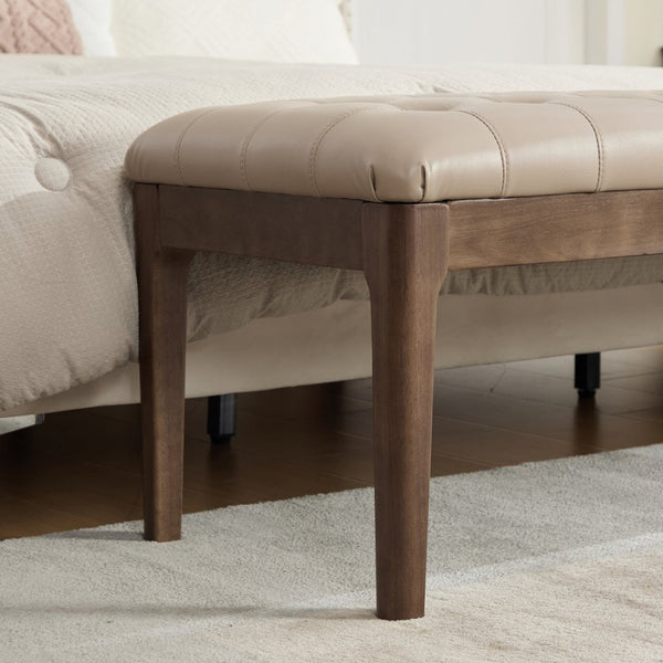 English Elm 66" Button Tufted Faux Leather Bench with Walnut Legs and Detachable Pillow for Bedroom Entry Taupe W3118P505150