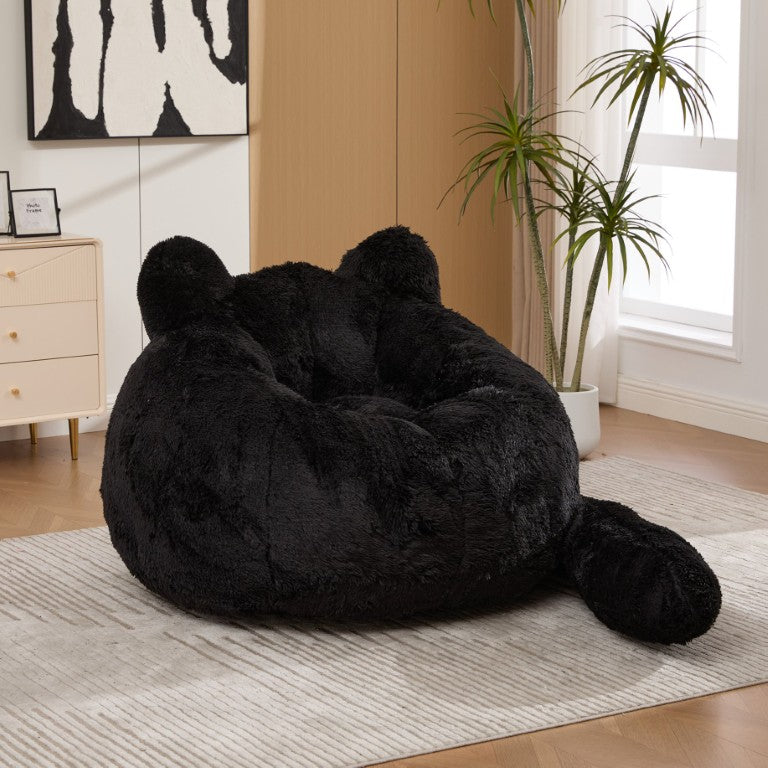 English Elm 41.7 Inch Cat Shaped Faux Fur Bean Bag Floor Chair with Tail Pillow for Bedroom Gaming Black W3118P527019