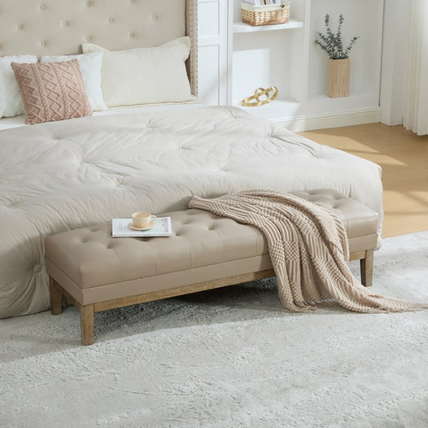 English Elm 63 Inch Tufted Faux Leather Bench with Seadrift Rubberwood Legs for Bedroom Entryway W3118P537995