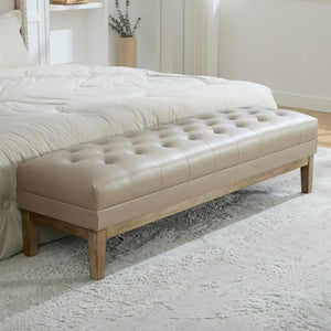 English Elm 63 Inch Tufted Faux Leather Bench with Seadrift Rubberwood Legs for Bedroom Entryway W3118P537995