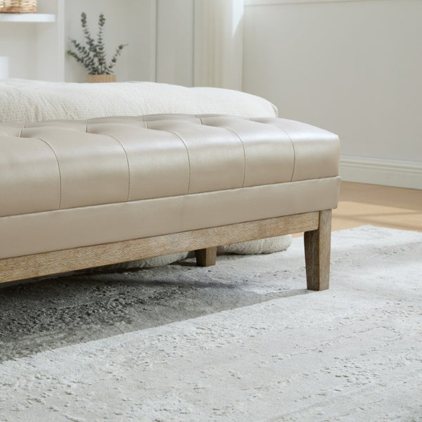 English Elm 63 Inch Tufted Faux Leather Bench with Seadrift Rubberwood Legs for Bedroom Entryway W3118P537995