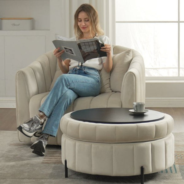 English Elm 39"w Velvet Swivel Barrel Chair Half with Channel Tufting Pillows Lounge Seating W3118S00045