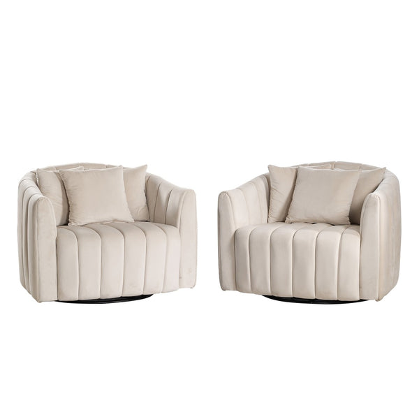 English Elm 39"w Velvet Swivel Barrel Chair Half with Channel Tufting Pillows Lounge Seating W3118S00045