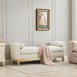 English Elm 66.34"w Boucle Upholstered Bench Daybed with Fluted Wood Legs and Bolster Pillows Ivory Natural W3118S00051