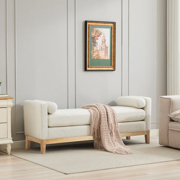 English Elm 66.34"w Boucle Upholstered Bench Daybed with Fluted Wood Legs and Bolster Pillows Ivory Natural W3118S00051