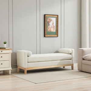 English Elm 66.34"w Boucle Upholstered Bench Daybed with Fluted Wood Legs and Bolster Pillows Ivory Natural W3118S00051