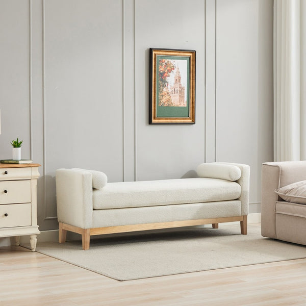 English Elm 66.34"w Boucle Upholstered Bench Daybed with Fluted Wood Legs and Bolster Pillows Ivory Natural W3118S00051