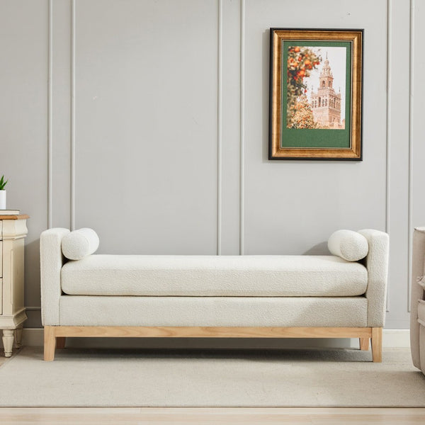 English Elm 66.34"w Boucle Upholstered Bench Daybed with Fluted Wood Legs and Bolster Pillows Ivory Natural W3118S00051
