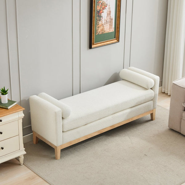 English Elm 66.34"w Boucle Upholstered Bench Daybed with Fluted Wood Legs and Bolster Pillows Ivory Natural W3118S00051