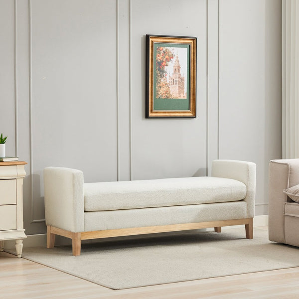 English Elm 66.34"w Boucle Upholstered Bench Daybed with Fluted Wood Legs and Bolster Pillows Ivory Natural W3118S00051