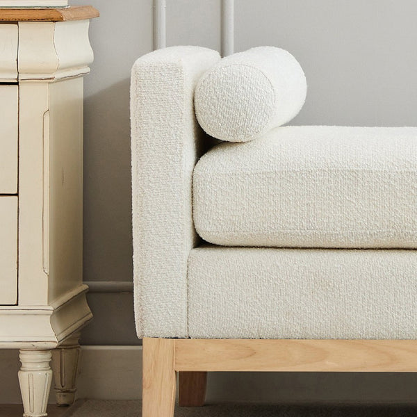 English Elm 66.34"w Boucle Upholstered Bench Daybed with Fluted Wood Legs and Bolster Pillows Ivory Natural W3118S00051
