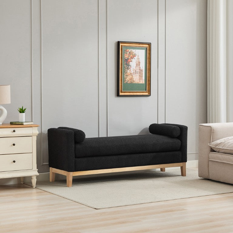 English Elm 66.34W Boucle Upholstered Daybed Bench Fluted Wood Legs Bolsters Bedroom Lounge W3118S00052