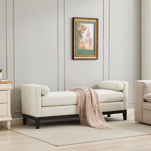 English Elm 66.34"w Boucle Upholstered Bench Daybed with Fluted Wood Legs and Bolster Pillows Ivory Black W3118S00053