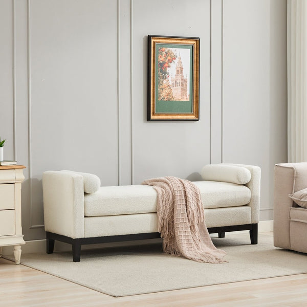 English Elm 66.34"w Boucle Upholstered Bench Daybed with Fluted Wood Legs and Bolster Pillows Ivory Black W3118S00053