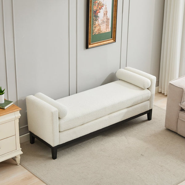 English Elm 66.34"w Boucle Upholstered Bench Daybed with Fluted Wood Legs and Bolster Pillows Ivory Black W3118S00053