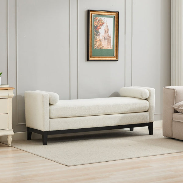 English Elm 66.34"w Boucle Upholstered Bench Daybed with Fluted Wood Legs and Bolster Pillows Ivory Black W3118S00053
