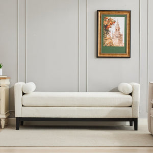 English Elm 66.34"w Boucle Upholstered Bench Daybed with Fluted Wood Legs and Bolster Pillows Ivory Black W3118S00053