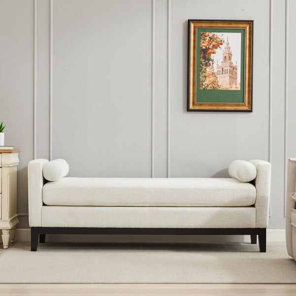 English Elm 66.34"w Boucle Upholstered Bench Daybed with Fluted Wood Legs and Bolster Pillows Ivory Black W3118S00053