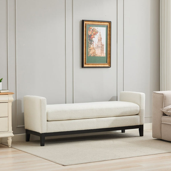 English Elm 66.34"w Boucle Upholstered Bench Daybed with Fluted Wood Legs and Bolster Pillows Ivory Black W3118S00053
