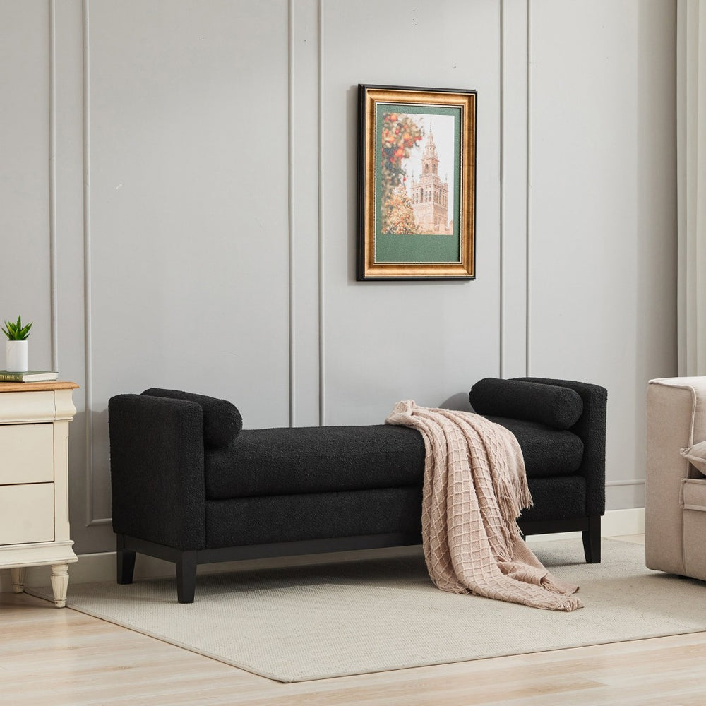 English Elm 66.34"w Boucle Upholstered Bench Daybed with Fluted Wood Legs and Bolster Pillows Black Black W3118S00054