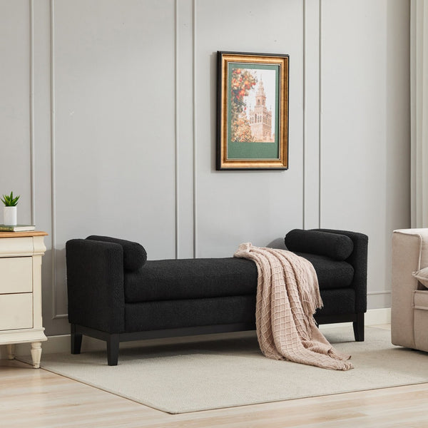 English Elm 66.34"w Boucle Upholstered Bench Daybed with Fluted Wood Legs and Bolster Pillows Black Black W3118S00054